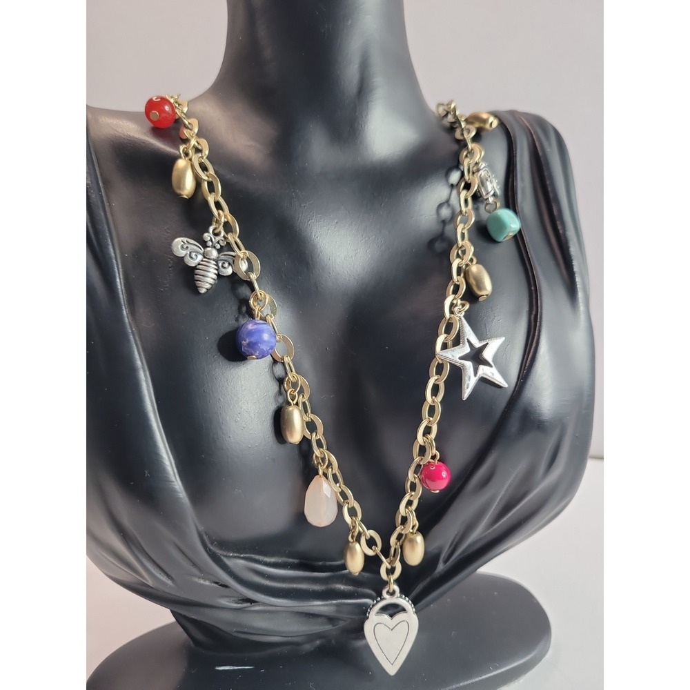 Chicos Gold Tone Heart Lock Charm Necklace‎ Colorful Bead Star Dangle Adjustable